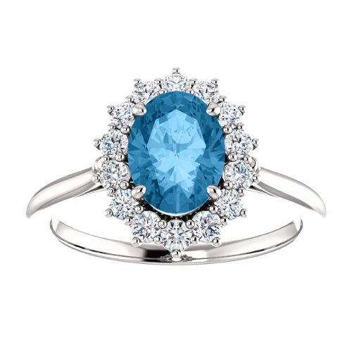 Swiss Blue Topaz and Diamond Halo 14k White OR Yellow Gold Ring.