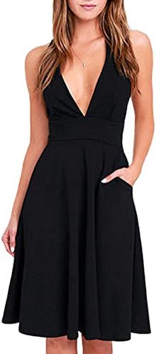 Fover Women's Deep V Neck Sleeveless Knee Length Party A-line Dress with Pockets, Black, X-Large