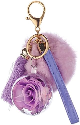 Fresh Rose Keychain Handbag and Purse Charm with Tassels and Rabbit Fur Pom Pom