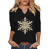 ehizrvo 3/4 Sleeve V-Neck Christmas Shirt for Women Leopard Snowflake Graphic Vacation Blouse Festival Tops Tee