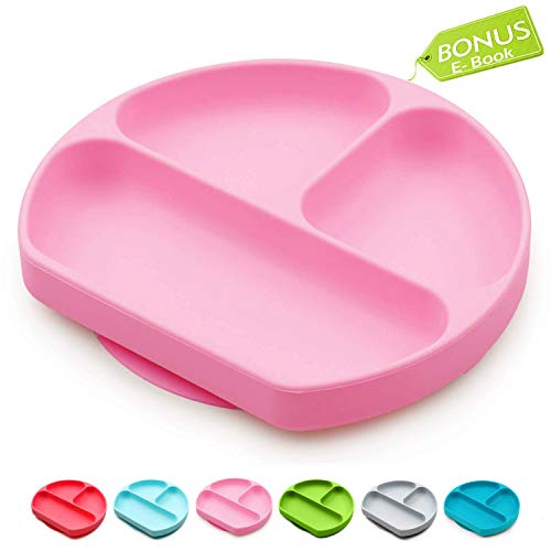 Suction Plates for Toddlers, Children, Babies, Silicone Placemats for Kids Stick to Portable High Chair and Table, Baby Dishes - Kids Plates + Bowls (Pink)