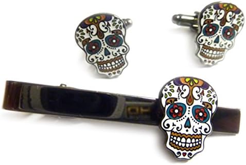 Cultural Collectibles Day of The Dead Dia De Los Muertos Skull Mask TIE BAR Clip Cufflinks Set