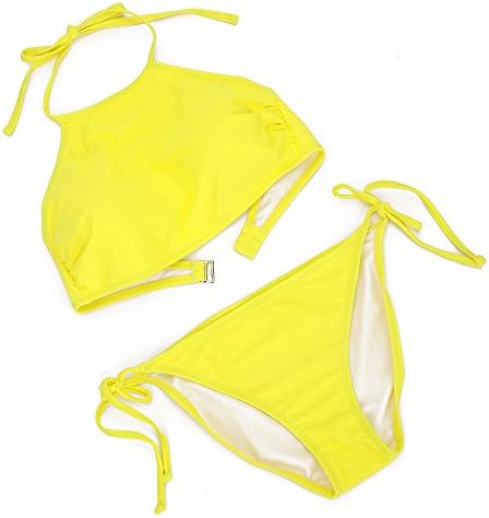Queenskini Women Bikini High Neck Halter Top Triangle TIe Side Bottom Swimsuit Swimwear Set (M, Yellow)