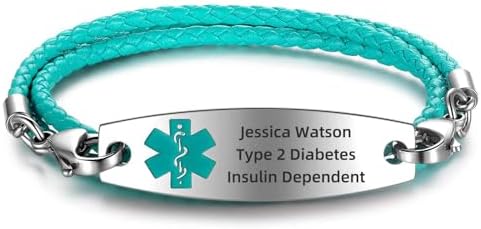 Bling Jewelry Pulsera De Identificación Médica Grabable – Cuero Trenzado Rosa Con Dije De Corazón