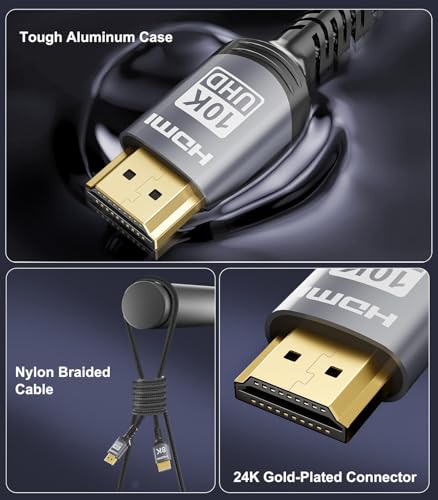 Sniokco 10K 8K 4K HDMI 2.1 Cable 2M, Certified 48Gbps Ultra High Speed HDMI® Cable 0.01ms 4K 240Hz 165Hz 120Hz 8K 60Hz eARC Netflix HDCP 2.3 2.2 DTS:X HDR10+ TV Monitor Projector Roku Sky-Q PS5 X-box