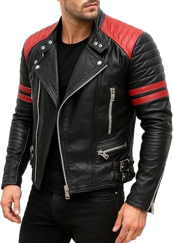 Prime-Fashion Men's Classic Biker Red and Black Vintage Motorcycle