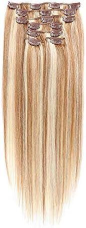 JIAMEISI Blonde Human Hair Extensions Clip In 16 Inch 7pcs 70g Blonde Hair Extension Full Head Hair Extensions Real Human Hair Long Straight For Beauty(40cm,#12/613 Golden Brown/Bleach Blonde)
