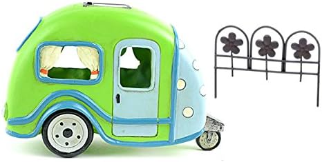 Assembled by PaBu GuLi DIY - Miniature Garden Kit - Lime Green Solar Camper Trailer and Rusty Colored Fence for use in Fairy or Gnome Garden