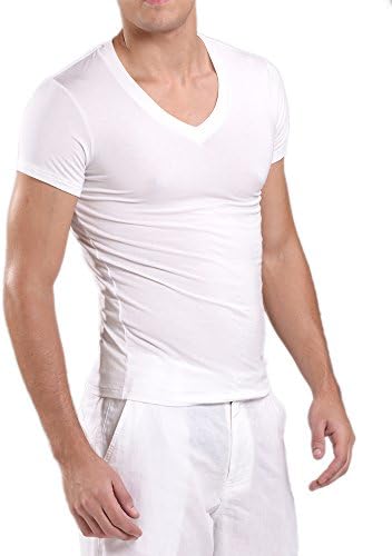AchenAggg Gootuch V Neck Modal Tight Men's T Shirt with Short Sleeve (L, White)