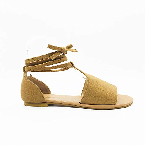 Sunyastor Summer Sandals for Women Casual Summer Open Toe Shoes Comfortable Lace up Fringed Ankle Strap Suede Dress Shoes Brown - Thumbnail 6