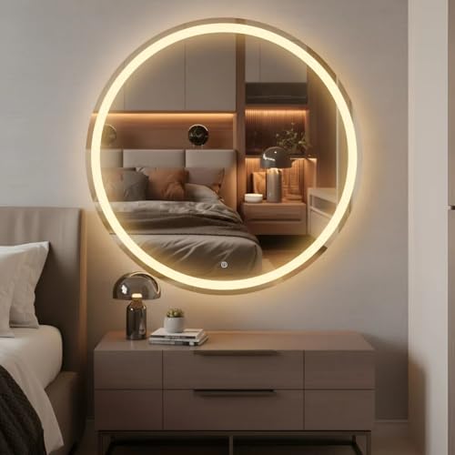 Espelho Redondo 3 Cores de LED e Touch Screen - Vários tamanhos - Decorativo Lapidado Iluminado Luxo (90x90cm)