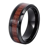 8mm Flat Beveled Tungsten Ring Wood Inlay Wedding Bands Black Plated Couple Rings Mens Womens Tungsten Bands