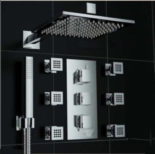 Rozin Thermostatic 12inch Rain Shower Faucet with 6 Body Sparys Chrome