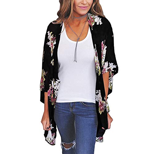 Women's Open Front Kimono Cover up Casual Floral Shawl Chiffon Cardigan Black XL
