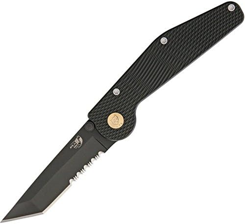 GT Knives GT302 Button Lock Folding Knife Blk 3.5"Combo Tanto Blade/Check Handle