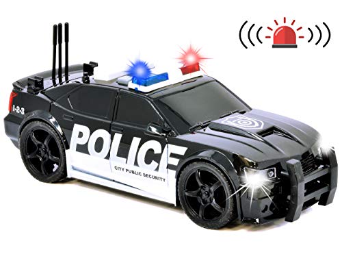 Friction Powered Police Car Toy Rescue Vehicle with Lights and Siren Sounds for Boys Toddlers and Kids, Pull Back 1:20 Diecast Emergency Transport Vehicle Car