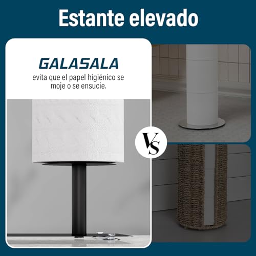 GALASALA Porta Rollos Papel de Baño de Pie, Porta Papel de Baño de Acero Inoxidable, Soporte Portarollos Papels Higienico con Base Antideslizante, para 4 Rollos de Repuesto y 2 Ganchos