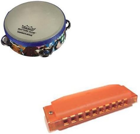 Homeschooling Music Supplies - Remo Rhythm Club Kids Tambourine Deluxe w/Hohner Kids BPA FREE Translucent Orange Harmonica