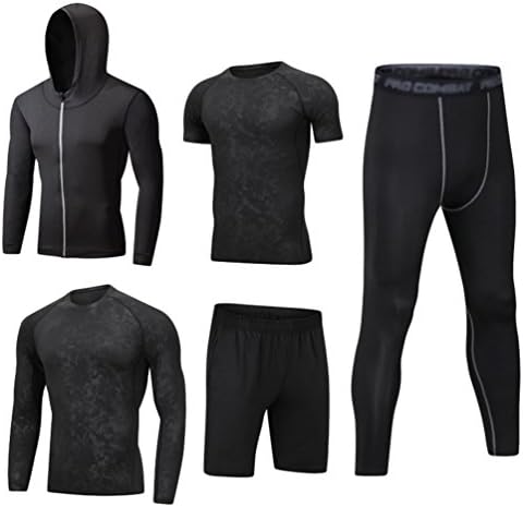 DooxiMens 5pcs Sports Gym Fitness Clothing Set Hoodies Jackets+Long Sleeve+Short Sleeve Base Layers T Shirts+Loose Fitting Shorts+Compression Pants for Workout Training Running Tracksuits