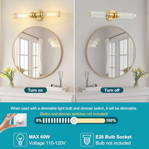 Vaziden - Lámpara de pared dorada para baño, 2 unidades, lámpara de cambiador de vidrio roscada, iluminación moderna para baño, sala de estar, pasillo, recámara