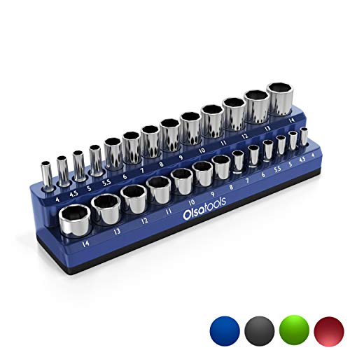 Olsa Tools Magnetic Socket Holder | 1/4-inch Drive | Metric | Blue | Holds 26 Sockets | Premium Quality Tools Organizer