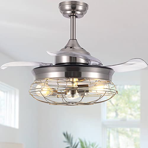 36 Inch Brushed Nickle Iron Caged Retractable Ceiling Fan, Vintage Cage