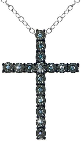 Raksha Bandhan Gifts Real Diamond Necklace : Silver Religious Cross Pendant 0.10 Ct. (IJ-I3 Clarity) Blue Diamond Charm Necklace With FREE 18" Silver Chain