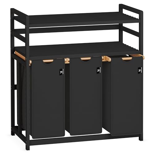 AdelDream Wäschekorb 150L,3 Fächer Wäschesammler,2 Ablagen,Bambus