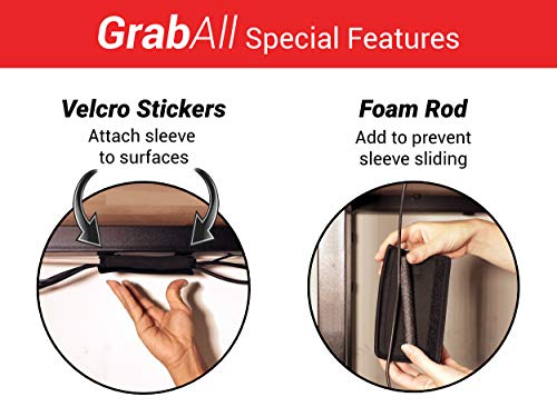 GrabAll Cable Management Sleeve That Sticks to Surfaces - 2 Pack – New 6” Cord/Wire Sleeve Organizer for Office & Home + Fasteners. Black Flexible Neoprene with Adjustable Width to Fit Various Wires