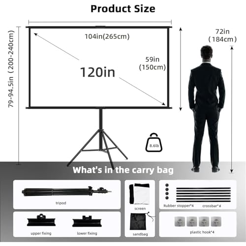Hcosmy Projector Screen with Stand, Towond 120 inch Indoor Outdoor Projection Screen, Portable 16:9 4K HD Movie Screen with Carry Bag Wrinkle-Free Design for Home Theater Backyard Cinema (265×150cm)