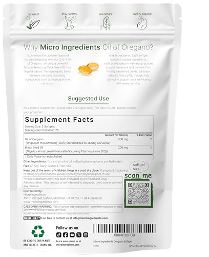 Micro Ingredients Cápsulas Blandas de Aceite de Orégano, 150 Unidades | 2 en 1 con Aceite de Semilla Negra | Carvacrol y Timoquinona 4 Veces Más Potentes | De Origen Vegetal, Sin Omg