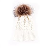 Baby Boys Girls Winter Knit Beanie Parent-Child Raccoon Fur Pom Bobble Hat Family Crochet Ski Cap White