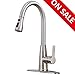 Hotis Modern High Arc 1 or 3 Hole Single Handle Stainless Steel Prep Sprayer Pull Out Pull Down Sprayer Kitchen Sink Faucet, Brushed Nickel with Deck Plate