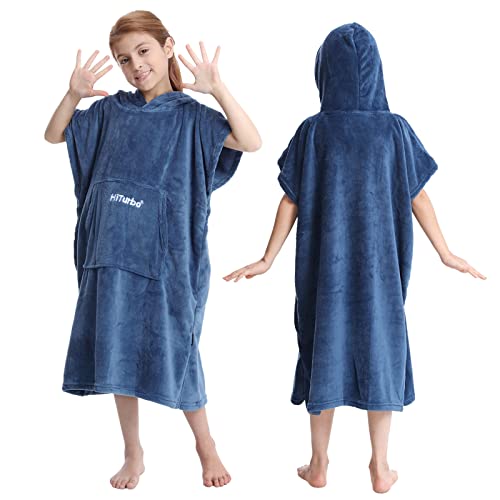 Hiturbo Kids Towel Changing Robe: Soft Plush Bath Towels - Warm Coral Fleece Hoodie - Swim Surf Poncho for 5-12 Years (Navy)