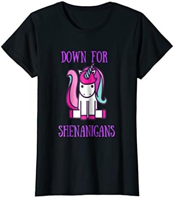 Womens Unicorn T-Shirt. Down For Shenanigans. Large Black