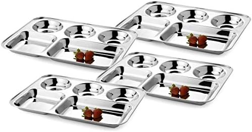 Khandekar Stainless Steel Five Compartment Rectangle Plates, Dinner Plate Set of 4 - Silver