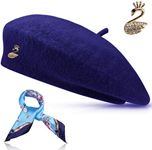 Wool Beret Hat Solid Color French Beret with Skily Scarf and Brooch