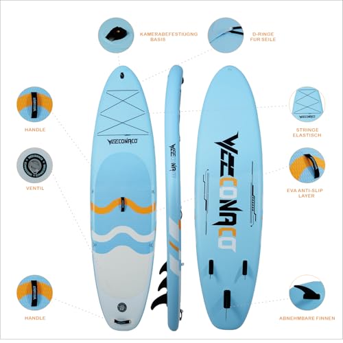 Weeconaco 10'6 inch Sup Board Set, 320 cm Stand Up Paddling Board, Inflatable, Advanced, 200 kg, Complete Accessories, Adjustable Paddle, Beginner, with Universal Camera Mount