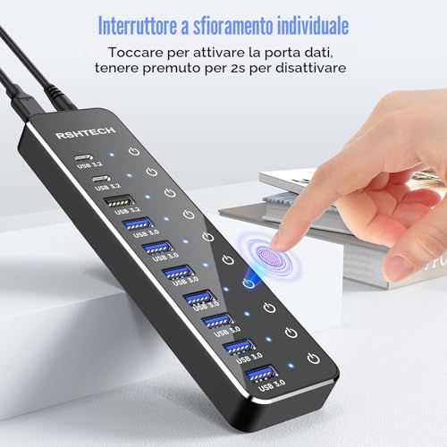 USB Hub Powered, RSHTECH USB 3.2/USB C Hub 10 Ports with USB-A 3.2 and 2x USB-C 3.2 10Gbps Data Ports, 7 USB-A 3.0 Ports and 12V/5A 60W Power, Individual Switches USB HUB, RSH-ST10C