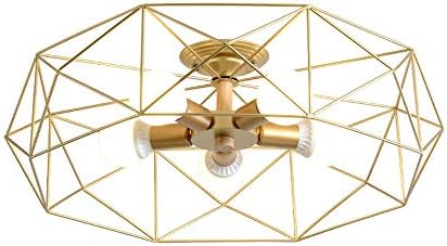 WPOLED Retro Industrial Fan Iron Metal Cage Ceiling Light 5 Lights Semi Flush Mount Rustic Pendant Light Lamp Hanging Light Fixture E27 Bulb Base Gold Finish (Color : Gold)