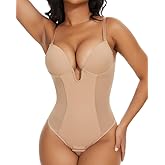 SHAPERIN Women's Backless Body Shaper Bra Faja U Plunge Low Back Thong Shapewear Tummy Control Deep V Bodysuit
