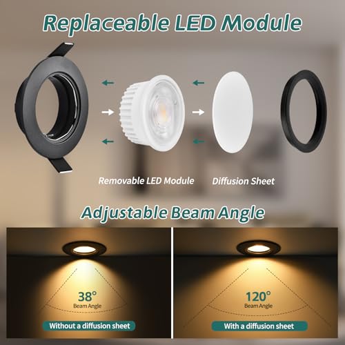 KYOTECH 3CCT Recessed LED Spotlights for Drywall Dimmable 60-70 mm, 5W 550LM 230V Recessed Spotlight, Ultra Slim, IP44 Recessed Spotlights for Bathroom, Set of 6 Black