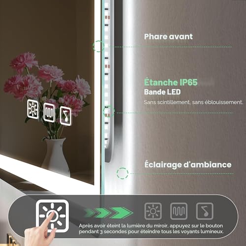 S'bagno Bluetooth-Mirror-Bathroom-with-Lighting-120x70cm, LED-Mirror-Anti-fog, 3000K-6500K, Dimmable, Memory, HD Tempered Glass, IP44-Mirror-Bathroom-Led, Horizontal/Vertical