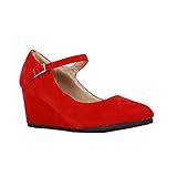Coshare Women's Fashion Suede PU Mary Jane Strap Round Toe Wedge Pumps
