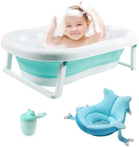 3-in-1 Baby Bathtub Portable Collapsible Toddler Bath tub Foldable Infant Shower Basin Anti Slip Skid Proof with Baby Cushion for 0-5 Years (Green tub+Cushion)