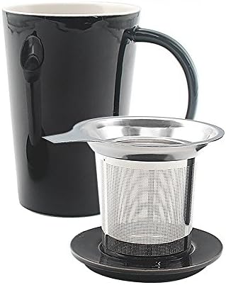 WOOWELL Mug with Ceramic Lid and Stainless Steel Infuser for loose leaf tea Brewing –13 oz Tea Cup (Black)