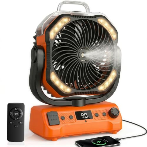 lollyes 20000 mAh Camping Fan Battery with Light, 0-100 Levels Adjustable Outdoor Fan with Spray Function and Remote Control, Quiet Table Fan with Timer, 360° Hook for Tent Fishing