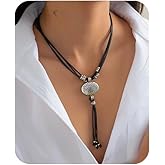iamrzye Boho Leather Necklace for Women Stylish Leather Wax thread Necklace Black Rope With Oval Silver Pendant necklaces Simple Vintage Tassel Necklaces Tie Western Outfits Country Jewelry Gifts