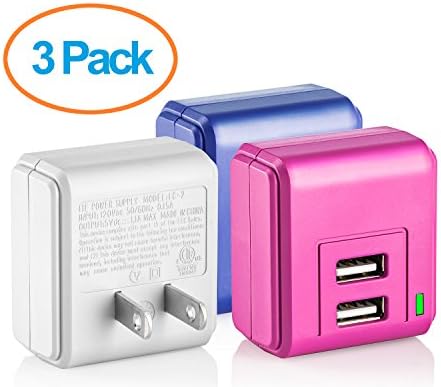 Yubi Power Wall Tap With Two USB Ports Dual USB Wall Charger - Three Pack - White/Blue/Red