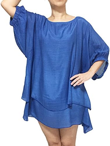 Plus Sz 2XL 3XL 4XL 5XL Top Double Layer Blouse Flowing Dolman Band Cuffed Sleeve (2XL, blue)